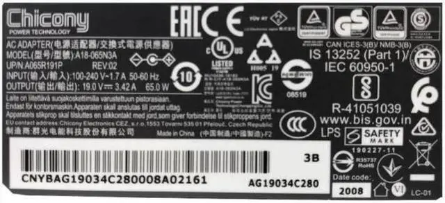 Alt view image 2 of 3 - 19V 3.42A 65W 4.0x1.7mm Chicony A18-065N3A A065R191P AC Adapter For Laptop Charger Power Supply