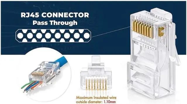 Alt view image 2 of 7 - RJ45 Cat6 Pass Through Connectors Pack of 100 | EZ Crimp Connector UTP Network Plug for Unshielded Twisted Pair Solid Wire & Standard Cables | Transparent Passthrough Ethernet Insert