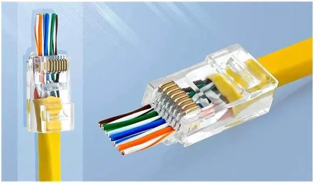 Alt view image 6 of 7 - RJ45 Cat6 Pass Through Connectors Pack of 100 | EZ Crimp Connector UTP Network Plug for Unshielded Twisted Pair Solid Wire & Standard Cables | Transparent Passthrough Ethernet Insert
