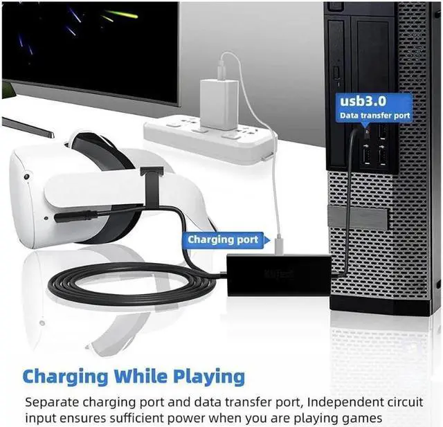 Alt view image 2 of 7 - Design 16FT Link Cable for Oculus Quest 2, with Separate Charging Port for Ultra-Durable Power, USB 3.0 Type A to C Cable for VR Headset Accessories and Gaming PC-White Black