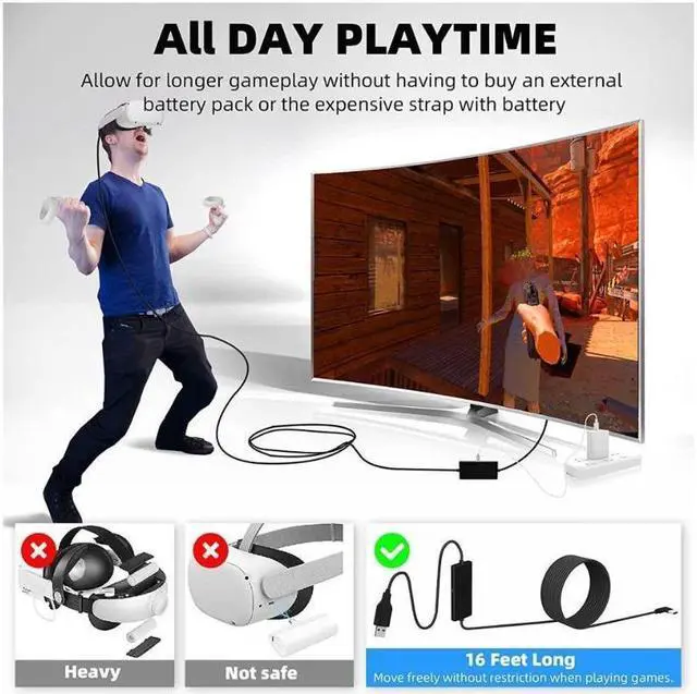 Alt view image 7 of 7 - Design 16FT Link Cable for Oculus Quest 2, with Separate Charging Port for Ultra-Durable Power, USB 3.0 Type A to C Cable for VR Headset Accessories and Gaming PC-White Black