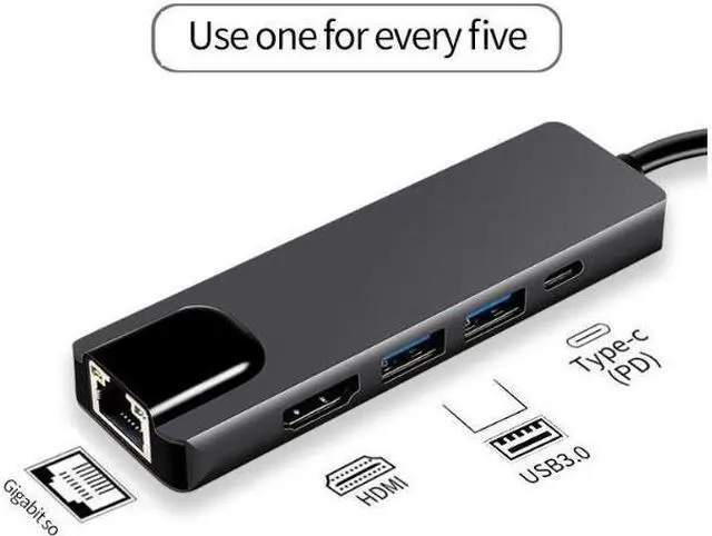Alt view image 2 of 7 - USB C Hub with HDMI, 5 in 1 Type C Adapter with 2 USB 3.0 Ports, Gigabit Ethernet, 4K HDMI, Type- C 100W PD, Aluminum USB C Adapter Compatible MacBook Pro, Surface Go and Other Type-C Devices
