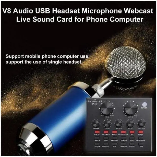 Alt view image 2 of 6 - V8 Sound Card Audio USB 5.0 Headset Microphone Webcast Live Sound Card 18 Sound Effects 6 Modes Sound Card for Phone Computer