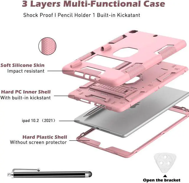 Alt view image 3 of 7 - SZYG Case for iPad 9th/8th/7th Generation 2021/2020/2019 10.2 inch, Heavy Duty Shockproof Rugged Stand Protective Cover with Screen Protector for iPad 10.2 inch. Rose Gold