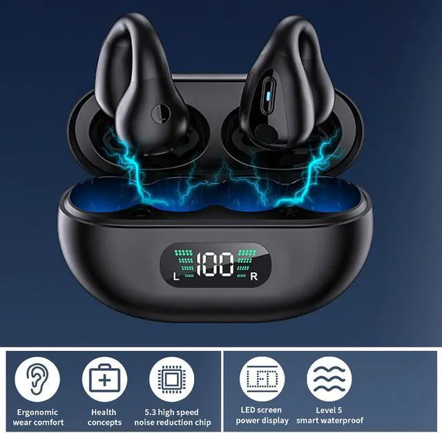 Alt view image 2 of 7 - 2023 Wireless Ear Clip Bone Conduction Headphones Bluetooth 5.3 Open Ear Headphones Waterproof Sport Running Earring Earphones Built-in Mic Headset.