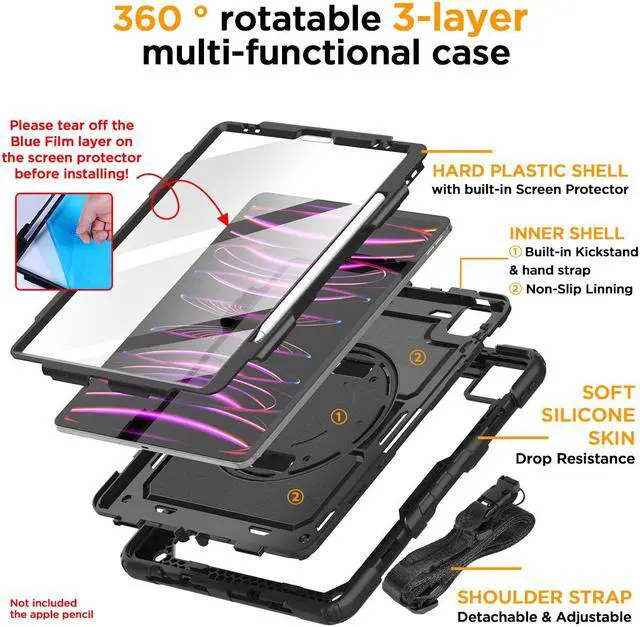 Alt view image 3 of 7 - iPad Pro 12.9 Inch Case 2022/2021/2020/2018(6th/5th/4th/3rd Gen) with Built-in Screen Protector,Pencil Holder, Hand Strap, 360 Rotating Stand Rugged Shockproof Heavy Duty Drop Protection.