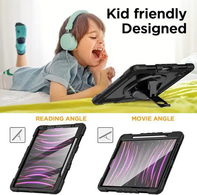 Alt view image 5 of 7 - iPad Pro 12.9 Inch Case 2022/2021/2020/2018(6th/5th/4th/3rd Gen) with Built-in Screen Protector,Pencil Holder, Hand Strap, 360 Rotating Stand Rugged Shockproof Heavy Duty Drop Protection.