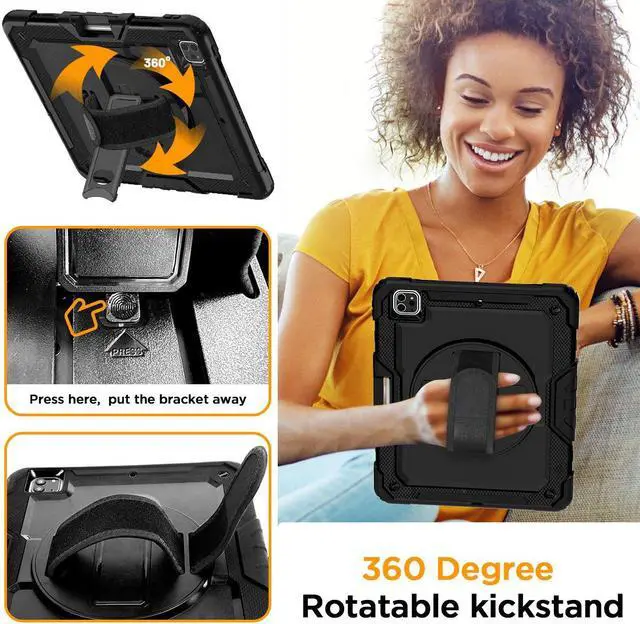Alt view image 7 of 7 - iPad Pro 12.9 Inch Case 2022/2021/2020/2018(6th/5th/4th/3rd Gen) with Built-in Screen Protector,Pencil Holder, Hand Strap, 360 Rotating Stand Rugged Shockproof Heavy Duty Drop Protection.