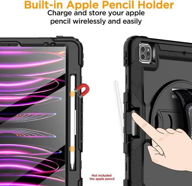 Alt view image 4 of 7 - iPad Pro 12.9 Inch Case 2022/2021/2020/2018(6th/5th/4th/3rd Gen) with Built-in Screen Protector,Pencil Holder, Hand Strap, 360 Rotating Stand Rugged Shockproof Heavy Duty Drop Protection.