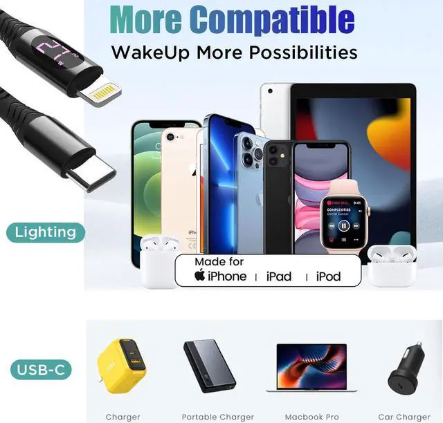 Alt view image 2 of 7 - USB C to Lightning Cable 2 Pack 4FT MFi Certified iPhone Fast Charger with LED Display, 27W PD Fast Charging Type C to Lightning Cable for iPhone 14 13 12 11 Pro Max XR XS 8 SE 3rd Gen.