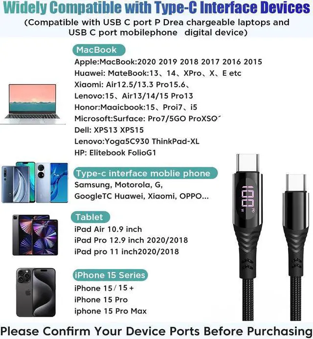 Alt view image 5 of 7 - USB C Charger Cable 2 Pack 4ft USB C to USB C Cable PD 100W Fast Charging Cable with LED Display Type C to Type C Charger for iPhone 15/15 Pro/15 Plus/15 Pro Max, Samsung S23 S22, iPad Pro MacBook Pro