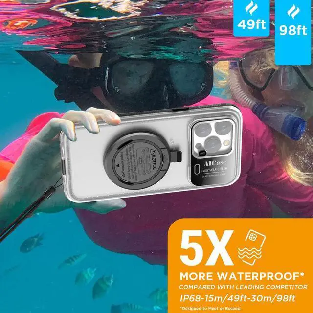 Alt view image 3 of 7 - Self-Check Waterproof Phone Case for iPhone 14, 98ft Underwater Touchscreen WaterProof Dustproof Snowproof Diving Phone Case Built-in Screen Protector for Shower, Bike, Snorkeling iPhone 14