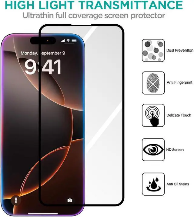 Alt view image 2 of 7 - SZYG [2-Pack] for iPhone 16 Pro Max Tempered Glass Screen Protector 9H Hardness, HD Clear, No Bubbles, Scratch Resistant, Case Friendly.