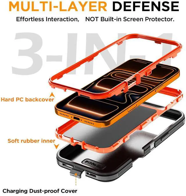 Alt view image 3 of 7 - SZYG Case for Apple iPhone 17 Pro Max Shockproof Heavy Duty 3 in 1 Military Grade Drop Protection Rugged Protective Cover For iPhone 17 Pro Max 6.9 Inch 2025 Orange / Black