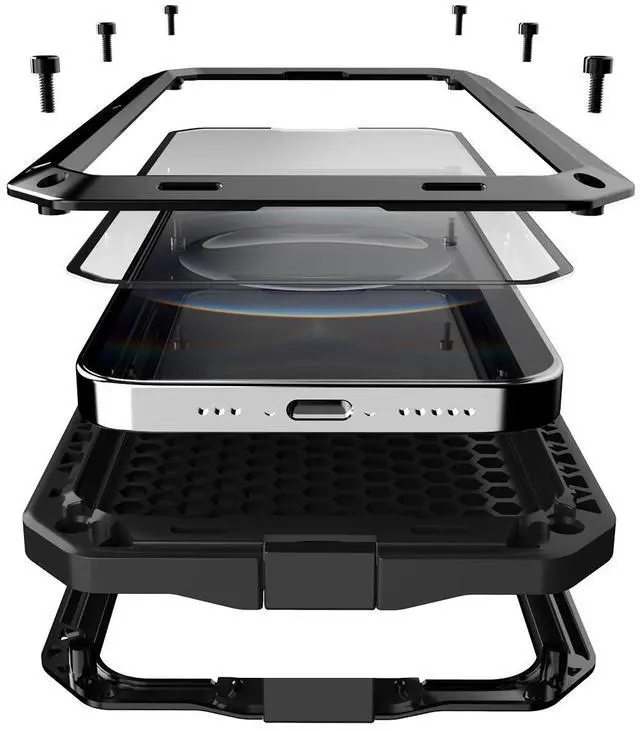 Alt view image 3 of 7 - SZYG Aluminum Case for Apple iPhone 17 Pro Max Hard Metal Shockproof Heavy Duty Cover Built-in Glass Screen Protector Full Body Military Drop Protection For iPhone 17 Pro Max 6.9 inch 2025 Black