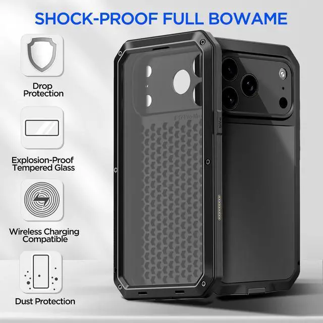 Alt view image 6 of 7 - SZYG Aluminum Case for Apple iPhone 17 Pro Max Hard Metal Shockproof Heavy Duty Cover Built-in Glass Screen Protector Full Body Military Drop Protection For iPhone 17 Pro Max 6.9 inch 2025 Black