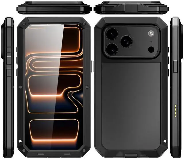 Alt view image 7 of 7 - SZYG Aluminum Case for Apple iPhone 17 Pro Max Hard Metal Shockproof Heavy Duty Cover Built-in Glass Screen Protector Full Body Military Drop Protection For iPhone 17 Pro Max 6.9 inch 2025 Black