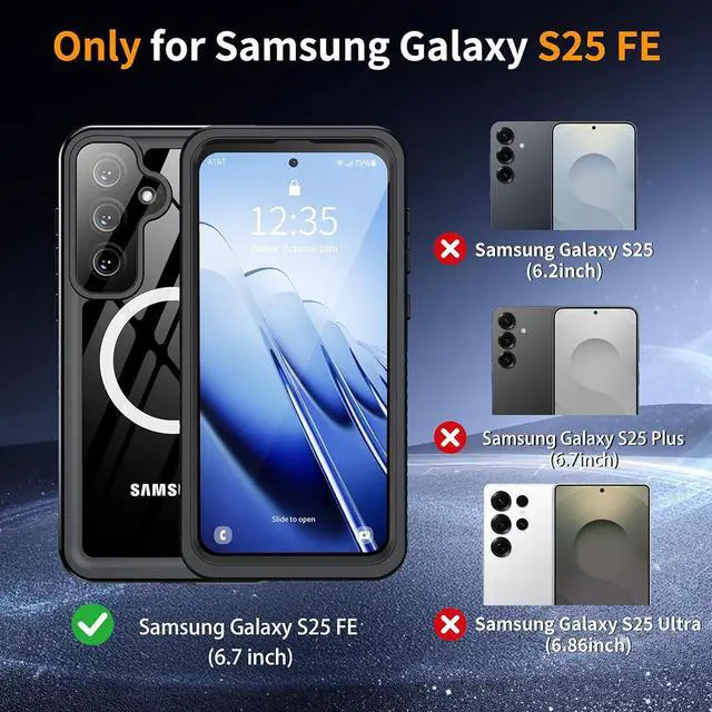 Alt view image 2 of 7 - SZYG Waterproof Case for Samsung Galaxy S25 FE IP68 Underwater MagSafe Magnetic Shockproof Heavy Duty Cover Built-in Screen Protector Full Body Drop Protection For Galaxy S25 FE 6.7 in Black