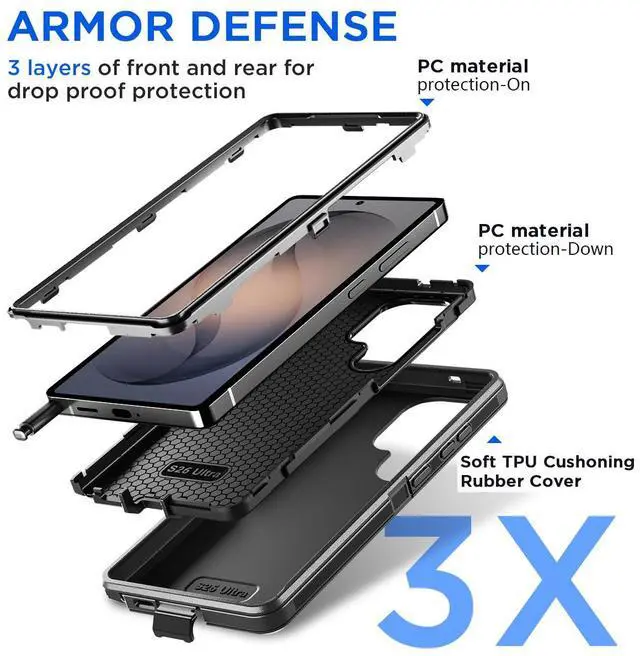 Alt view image 3 of 7 - SZYG Case for Samsung Galaxy S26 Ultra Shockproof Rugged Heavy Duty 3 in 1 Military Grade Drop Protection Protective Cover For Galaxy S26 Ultra 6.9 in 2026 Black