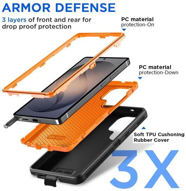Alt view image 4 of 6 - SZYG Rugged Case for Samsung Galaxy S26 Ultra Shockproof Heavy Duty 3 Layer Military Drop Protection Phone Cover For Galaxy S26 Ultra 6.9 in 2026 Orange+Black