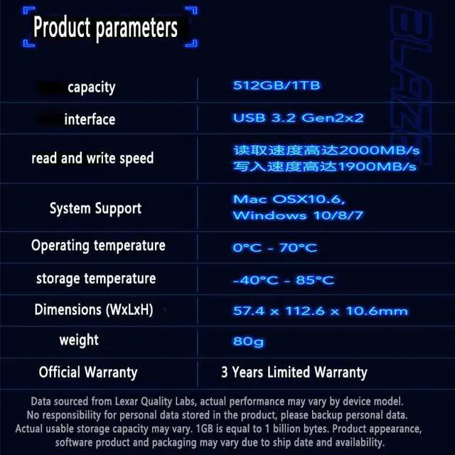 Alt view image 7 of 7 - Lexar SL660 1TB BLAZE Gaming Portable SSD Type-C Mobile Solid State Hard Drive SSD USB 3.2 Gen 2*2 For PC BLAZE light speed player game mobile solid state hard drive 2000MB/s RGB lighting 1TB