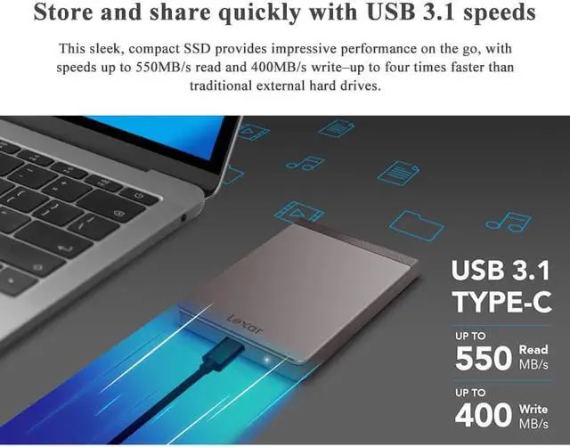 Alt view image 3 of 7 - Lexar  Mobile Solid State Hard Drive 512GB External Disk Hard Drive  USB 3.1 TYPE-C Original SL200 For Laptop Desktop Read 550MB/s write 400MB/s 512GB USB 3.1 TYPE-C 2TB