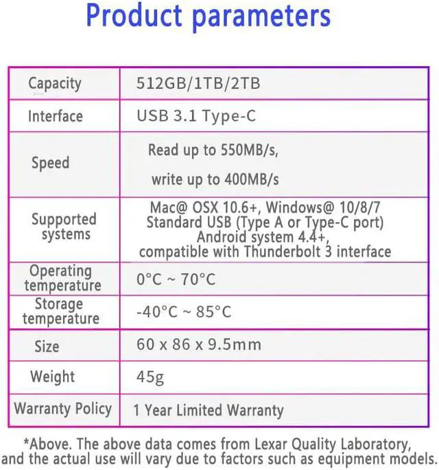 Alt view image 7 of 7 - Lexar  Mobile Solid State Hard Drive 512GB External Disk Hard Drive  USB 3.1 TYPE-C Original SL200 For Laptop Desktop Read 550MB/s write 400MB/s 512GB USB 3.1 TYPE-C 2TB