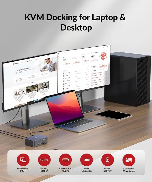 Alt view image 2 of 7 - AV Access Docking Station KVM Switch Dual Monitor for Laptop & Desktop - USB-C Charge, Full Aluminum, KVM Switcher for 2 PCs with Ethernet, EDID, 4K@60Hz/2K@144Hz/1080P@240Hz, 3xUSB 3.0, Power Supply