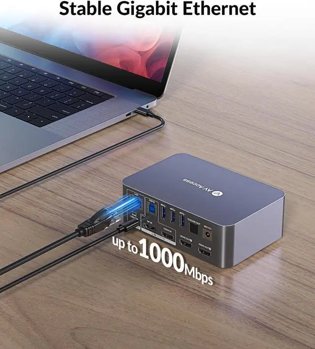 Alt view image 6 of 7 - AV Access Docking Station KVM Switch Dual Monitor for Laptop & Desktop - USB-C Charge, Full Aluminum, KVM Switcher for 2 PCs with Ethernet, EDID, 4K@60Hz/2K@144Hz/1080P@240Hz, 3xUSB 3.0, Power Supply