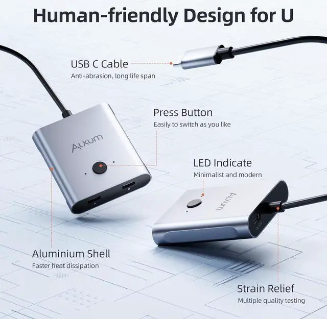 Alt view image 5 of 6 - Alxum USB C Switch - Bi Directional USB C Switcher Selector 2 in 1 Out/1 in 2 Out, 2 Computers Share 1 Devices 8K@60Hz 10Gbps Data Transfer 100W Charging USB-C Cables Included