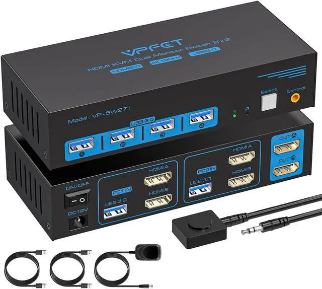 Main image of 4K120Hz HDMI KVM Switch 2 Monitors 2 Computers 8K USB 3.0 KVM Switches for 2 Computers Share Dual Monitor and 4 USB Devices Support Extended/Copy Mode with DC 12V/1A&Wired Controller