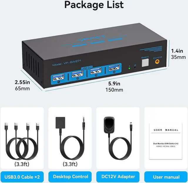 Alt view image 7 of 7 - 4K120Hz HDMI KVM Switch 2 Monitors 2 Computers 8K USB 3.0 KVM Switches for 2 Computers Share Dual Monitor and 4 USB Devices Support Extended/Copy Mode with DC 12V/1A&Wired Controller