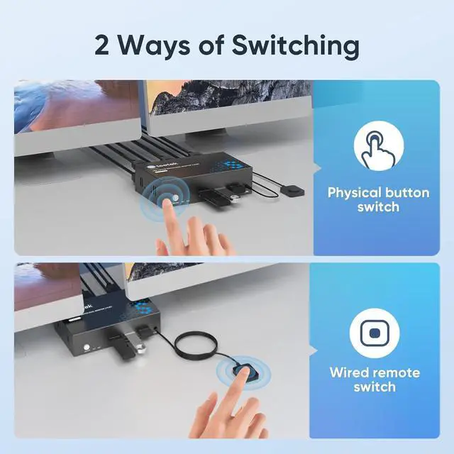 Alt view image 5 of 7 - 8K@60Hz KVM Switch 2 Monitors 2 Computers DisplayPort, USB3.0 KVM Switches, 4K@120Hz Dual Monitor for 1 Set of Keyboard Mouse Printer and U Disk with EDID Adaptive 2 USB Cables