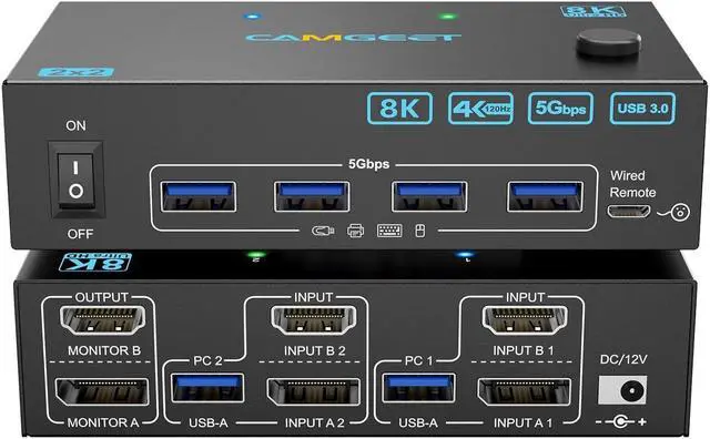 Main image of 4K@144Hz KVM Switch 2 Monitors 2 Computers 8K@60Hz, HDMI and Displayport Dual Monitor KVM Switch with 4 USB 3.0 Port for Keyboard Mouse Printer,Wired Remote,Power Adapter and USB Cable Included