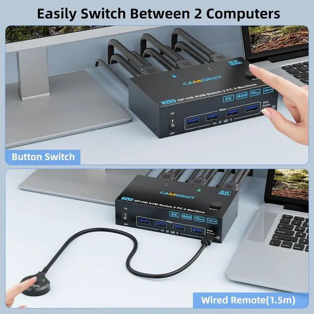 Alt view image 4 of 7 - 4K@144Hz KVM Switch 2 Monitors 2 Computers 8K@60Hz, HDMI and Displayport Dual Monitor KVM Switch with 4 USB 3.0 Port for Keyboard Mouse Printer,Wired Remote,Power Adapter and USB Cable Included