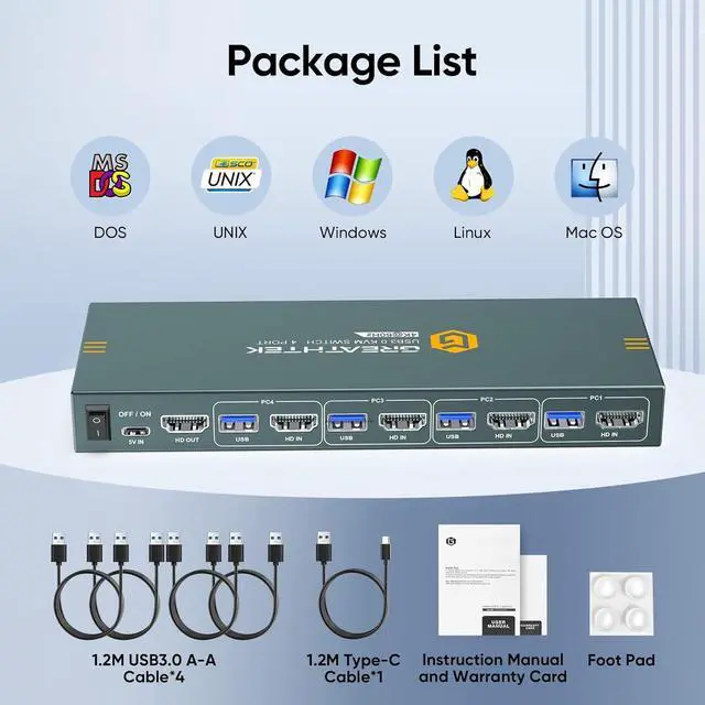 Alt view image 7 of 7 - USB3.0 KVM Switch 4 Computers 1 Monitor, 4K@60HZ 4 Ports 3 Computers HDMI KVM Switcher with 3 USB3.0 Ports to Share Keyboard Mouse Printer, 4 in 1 Out Monitor SwitchEDID Adaptive