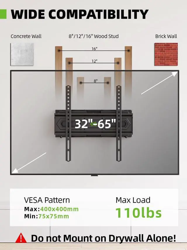 Alt view image 2 of 7 - USX MOUNT TV Wall Mount for 32-65 inch Flat Screen/LED/4K up to 110lbs, Full Motion TV Mount Bracket with Swivel & Tilt Articulating Dual Arms, Max VESA 400x400mm, Fits 12/16" Wood Studs