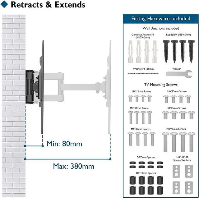 Alt view image 4 of 6 - BONTEC Full Motion TV Wall Mount for 23-70 Inch TVs, Hold up to 99 lbs, Max VESA 400x400mm, Swivel Tilt Dual Arms, Adjustable Viewing Angle, Fits 16" Wood Studs, Easy Assembly