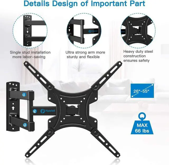 Alt view image 3 of 6 - Full Motion TV Wall Mount Bracket Articulating Arms Swivels Tilts Extension for Most 26-55 Inch LED LCD Flat Curved Screen TVs, Max VESA 400x400mm up to 66lbs by Pipishell