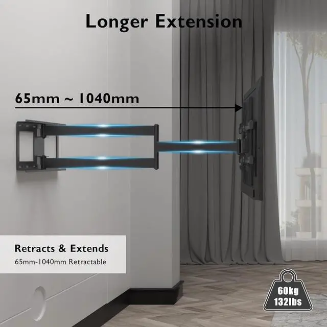 Alt view image 2 of 7 - TV Wall Mount with Extra Long Articulated Arm for 32-75 Inch TVs, Holds Up to 132lbs, Full Motion Dual Arm Long Reach TV Bracket with Tilt, Swivel, and Level Adjustment, Max VESA 600x400mm