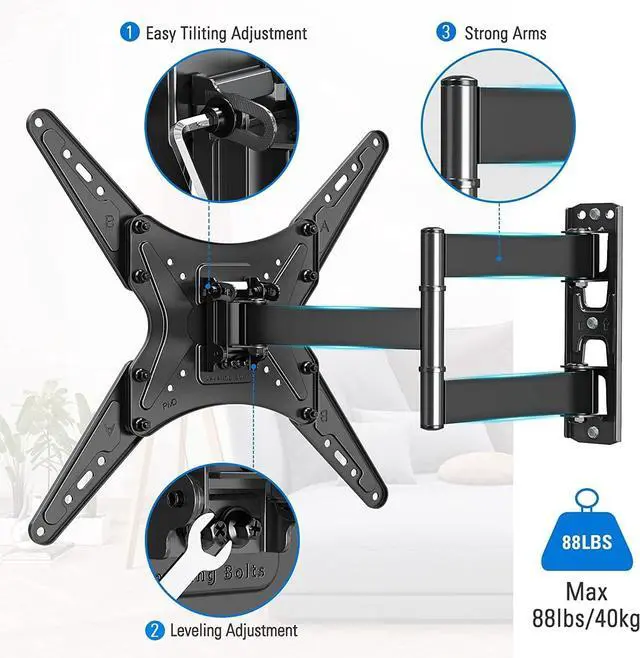Alt view image 6 of 7 - TV Wall Mount Full Motion Tilting TV Mount Bracket for Most 26-55 Inch Flat Curved TVs with Swivels Articulating Arms Max VESA 400X400mm and 88lbs Fits Single Stud MU0014