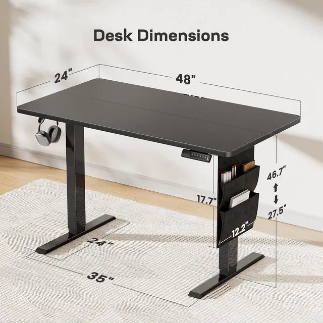 Alt view image 5 of 7 - Standing Desk Adjustable Height Home Office Desk,48x24 Inch Electric Standing Desk, Stand up Desk with Storage Bag,Headphone Hook for Computer Workstations Desk Memory Preset