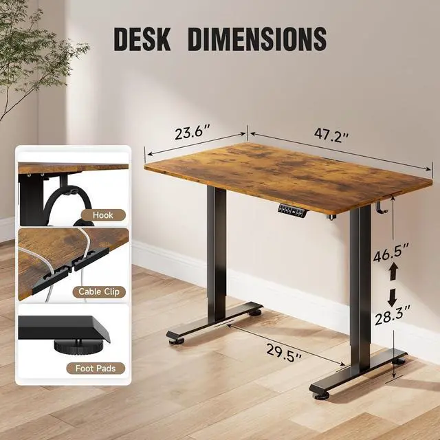 Alt view image 2 of 7 - 47.2 Inch Electric Standing Desk, Height Adjustable Sit Stand Up, Cable Clip, Wood Desktop, Work Home Office Computer PC Table, Writing Study Rising Desks, Brown