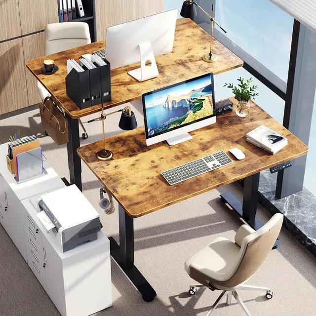 Alt view image 3 of 7 - 47.2 Inch Electric Standing Desk, Height Adjustable Sit Stand Up, Cable Clip, Wood Desktop, Work Home Office Computer PC Table, Writing Study Rising Desks, Brown