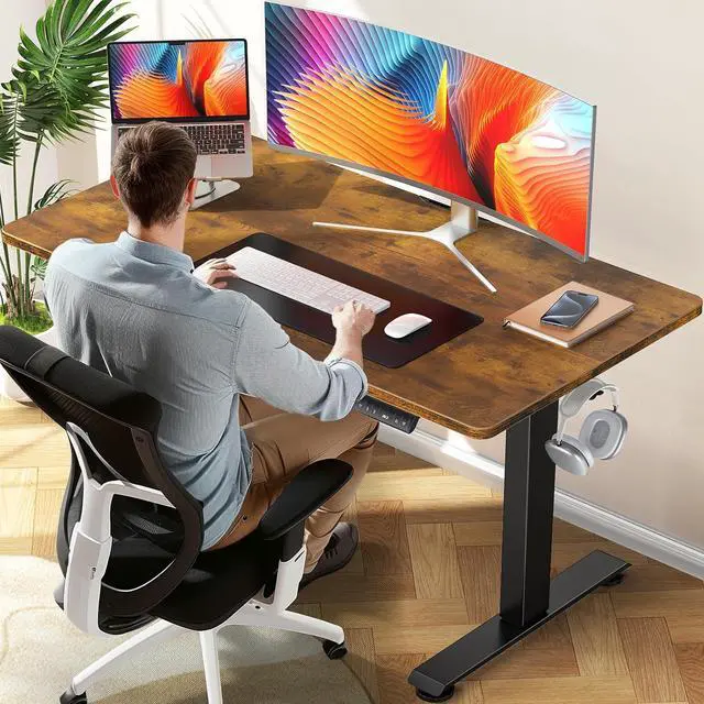 Main image of 47.2 Inch Electric Standing Desk, Height Adjustable Sit Stand Up, Cable Clip, Wood Desktop, Work Home Office Computer PC Table, Writing Study Rising Desks, Brown