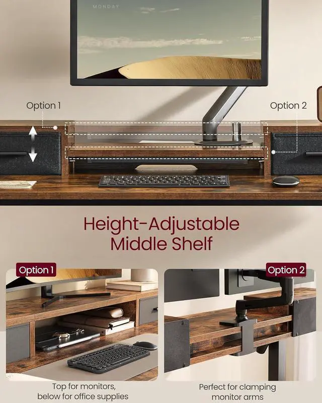 Alt view image 4 of 7 - VASAGLE Electric Standing Desk with Drawers, 47.2 x 23.6 Inches, Sit Stand Desk with Power Outlet and LED Lights, Adjustable Height, Storage Shelf, 3 Memory Buttons, for Home Office, Rustic Brown