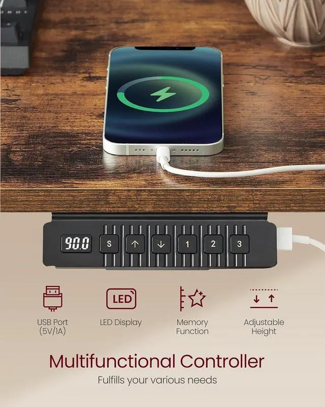 Alt view image 6 of 7 - VASAGLE Electric Standing Desk with Drawers, 47.2 x 23.6 Inches, Sit Stand Desk with Power Outlet and LED Lights, Adjustable Height, Storage Shelf, 3 Memory Buttons, for Home Office, Rustic Brown