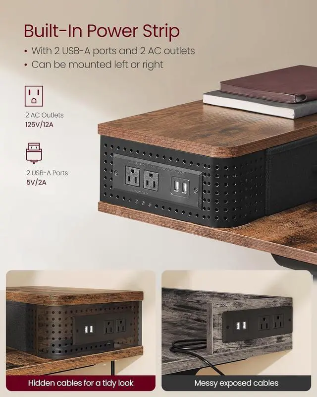 Alt view image 7 of 7 - VASAGLE Electric Standing Desk with Drawers, 47.2 x 23.6 Inches, Sit Stand Desk with Power Outlet and LED Lights, Adjustable Height, Storage Shelf, 3 Memory Buttons, for Home Office, Rustic Brown