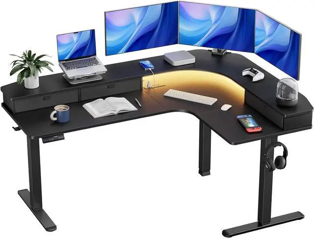 Main image of 65 L-Shaped Standing Desk with Power Outlets & LED Strip, Electric Height Adjustable Corner Computer Desk, Sit Stand Up Desk with 3 Drawers, Black