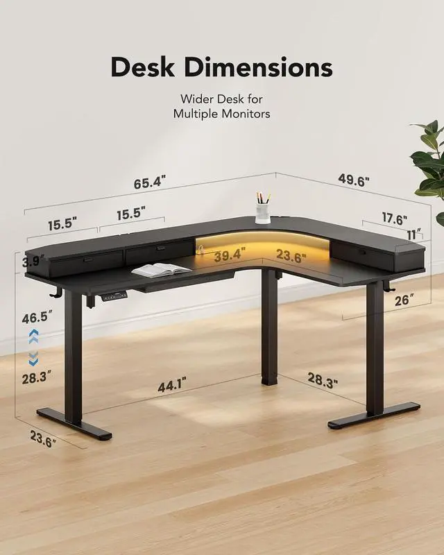 Alt view image 2 of 7 - 65 L-Shaped Standing Desk with Power Outlets & LED Strip, Electric Height Adjustable Corner Computer Desk, Sit Stand Up Desk with 3 Drawers, Black